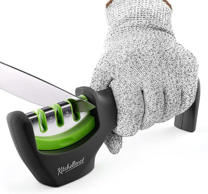 4-in-1 Kitchen Knife Accessories: 3-Stage Knife Sharpener Helps Repair, Restore and Polish Blades and Cut-Resistant Glove