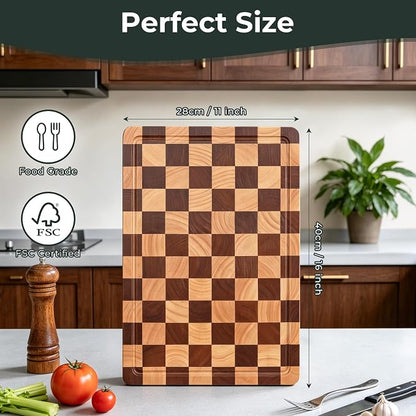 WILLKOMMEN Checkered Cutting Board for Kitchen– Wood Checkerboard Chopping Board Wooden Checker End Grain Cooking Board with Juice Groove & Handle Serving Board for Meat,Fruit,Bread,Vegetable