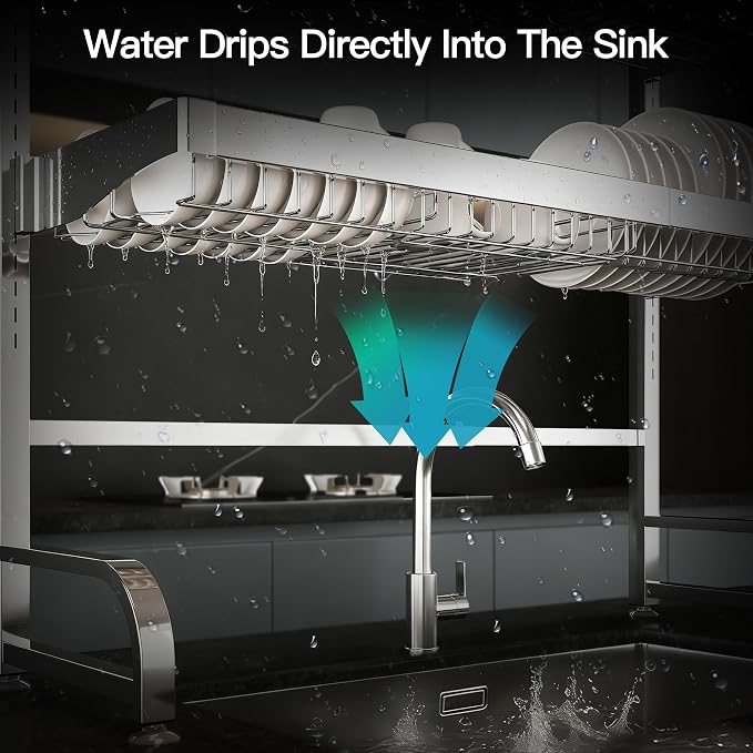 MAJALiS 3 Tier Extra Large Stainless Steel Expandable Over The Sink Dish Drainer Drying Rack, Rust Proof Metal, Space Saving, Modern Silver Big Capacity Extendable Plate Strainers Kitchen Counter