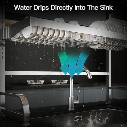 MAJALiS 3 Tier Extra Large Stainless Steel Expandable Over The Sink Dish Drainer Drying Rack, Rust Proof Metal, Space Saving, Modern Silver Big Capacity Extendable Plate Strainers Kitchen Counter