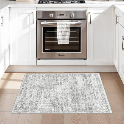 Washable Rug 2x3 for Entryway, Small Non-Slip Kitchen Throw Mat for Sink, Soft Low-Pile Stain & Fade-Resistant Indoor Mat for Pet Area & Bathroom (Grey/Ivory)