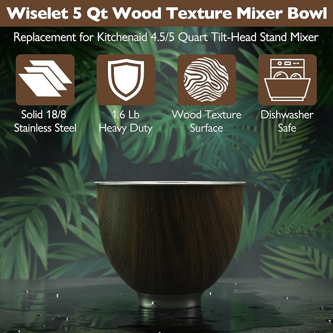 Stainless Steel 5 Quart Mixer Bowl for Kitchenaid Classic&Artisan Tilt Head Stand Mixer, Wood Texture, Fit for K45, KSM75, KSM90, KSM150, Heavy Duty, Dishwasher Safe