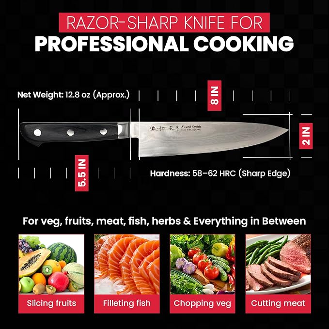 SATAKE CUTLERY Damascus Chef Knife 8 Inch, 69-Layer Aichi Damascus Steel, Gyuto Japanese Kitchen Knife, Gift for Home Cooks and Professional Chefs, Made in Seki Japan