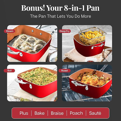 Gotham Steel 20 Pc Pots and Pans Set Nonstick Cookware + Bakeware Set, Complete Ceramic for Kitchen, Non Stick with Lids, Dishwasher / Oven Safe, Toxic - Red