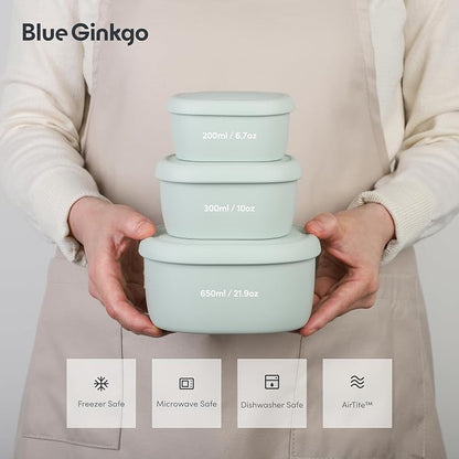 BLUE GINKGO Nesting Silicone Containers - Set of 3 Hard-Shell Silicone Food Storage Containers | BPA Free, Airtight, Dishwasher and Freezer Safe (6.7oz, 10oz, 20oz) - Green