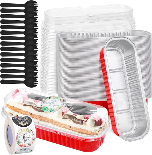200Pack Disposable Aluminum Pans Valentines Mini Cake Containers with Lids and Spoons and Stickers, 6.8Oz Loaf Pans for Baking Bread, Dessert Cups with Lids for Party, Picnics, Celebration