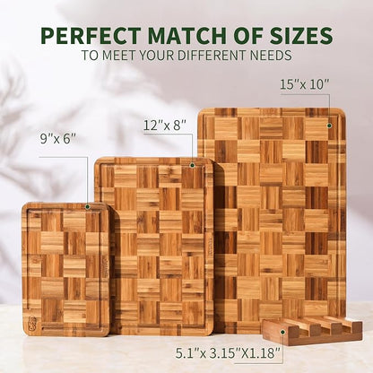 BAMBANG Bamboo Cutting Board for Kitchen with Juice Groove, End-Grain Butcher Block Chopping Boards, Checkered Wooden Cutting Boards Set of 3 with Stand, Knife-Friendly, Serving Tray