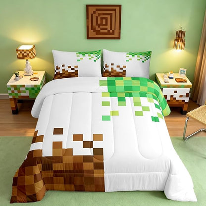 Manfei Pixelated Comforter Set Queen Size,Cartoon Gamepad Duvet Insert Adults Bedroom Decor,Miner Style Bedding Set,Brown Green Ultra Soft Microfiber Inner Fill 3Pcs Bedding