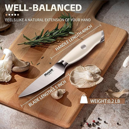 Huusk Paring Knife Ultra Sharp, 3.5" Small Kitchen Knife with Ergonomic Ivory White Handle Well-balanced Vegetable Fruit Knives for Peeling Coring Cutting Present Gift to Men Women