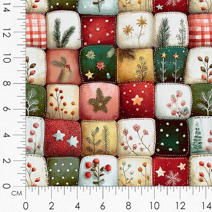 Christmas Patchwork Mushroom House Fabric Panel – Single Continuous Cotton Satin Panel with 6 Printed Squares 9.8” x 9.8” and Bonus Patchwork Area – 100% Cotton for Quilting & Sewing