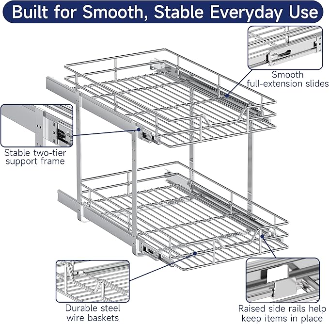2-Tier Pull Out Cabinet Organizer, 13.5" W x 21.5" D, Heavy Duty Dual Slide Out Shelves for Base Cabinets, Chrome Wire Basket Drawer for Pantry, Kitchen & Bathroom Storage