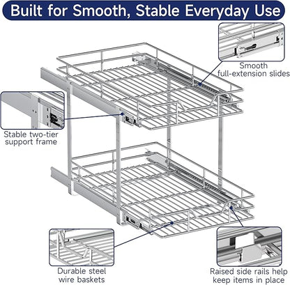 2-Tier Pull Out Cabinet Organizer, 16.5" W x 21.5" D, Heavy Duty Dual Slide Out Shelves for Base Cabinets, Chrome Wire Basket Drawer for Pantry, Kitchen & Bathroom Storage
