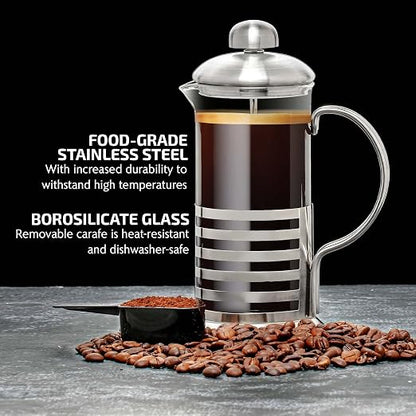 OVENTE French Press Coffee Maker 34 Ounce with Heat Resistant Borosilicate Glass, Stainless Steel Design and 4-Level Filter System, Portable Cold Brewer Pot for Travel, Camping or Gift, Silver FSH34S