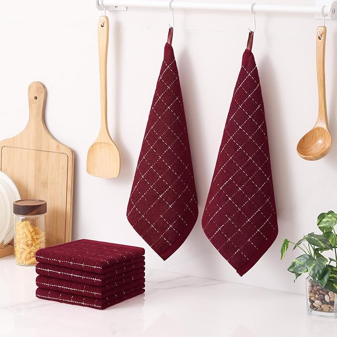 Homaxy 100% Cotton Terry Kitchen Dish Cloths, Ultra Soft and Absorbent Dish Towels for Kitchen, Suitable for Drying and Washing Dishes, 6 Pack, 12 x 12 Inches, Burgundy Red
