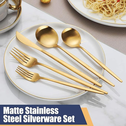 Matte Gold Silverware Set,30 Piece Stainless Steel Modern Flatware Set,Brushed Cutlery Set Service for 6,Satin Finish Utensils Set,Home Kitchen and Restaurant,Dishwasher Safe