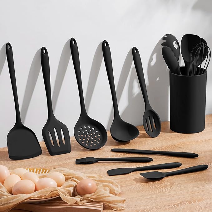 Homikit Silicone Cooking Utensil Set, 15pcs Kitchen Utensils with Holder for Nonstick Cookware, Heat Resistant Nontoxic Silicone Spatula Set Dishwasher Safe Kitchen Tools for Baking-Black
