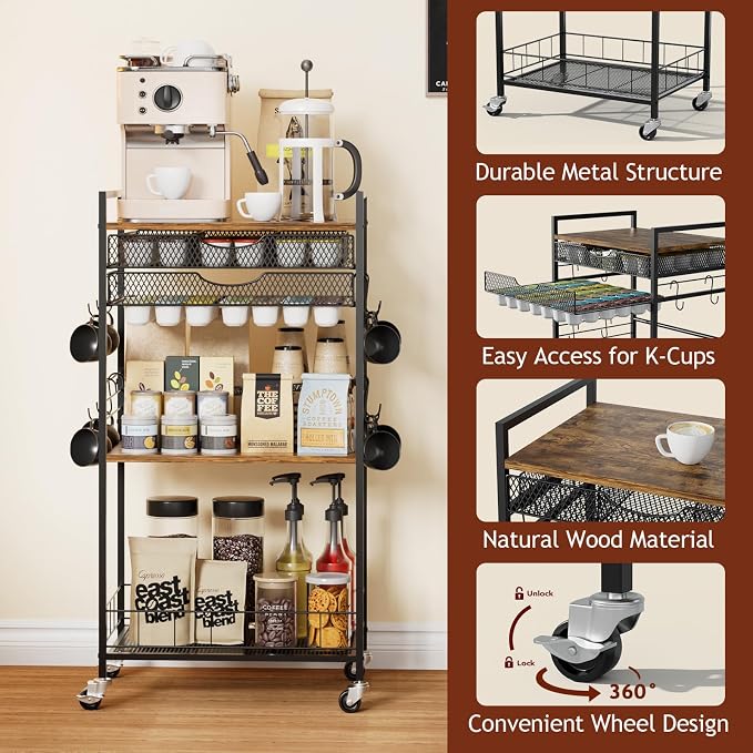 Homsorout Coffee Bar Station with Storage Drawer - 5 Tier Coffee Table Countertop Organizer for K Cups, Tea Bags, Sugar Storage and Kitchen Cabinets (Brown)
