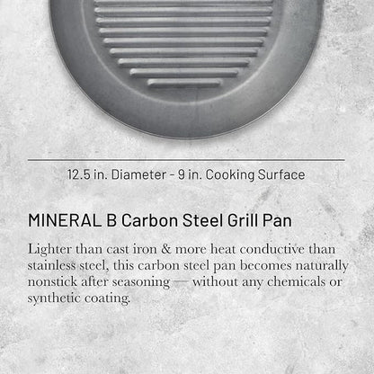 de Buyer MINERAL B Carbon Steel Grill Pan - 12.5” Diameter - Ideal for Grilling & Browning Meat - Naturally Non-Stick Finish - Made in France