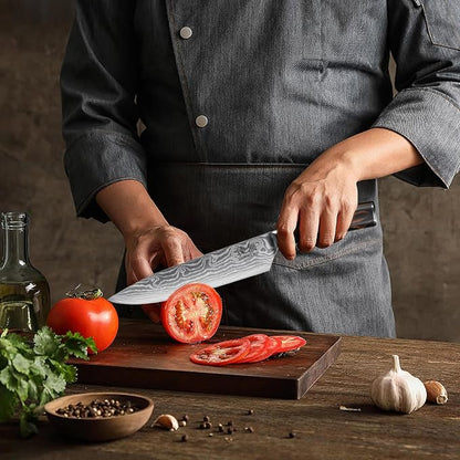 8 Inch Chef Knife, High Carbon Stainless Steel Japanese Gyuto Style Cooking Knife with Wave Pattern, Ergonomic Pakkawood Handle - Professional Kitchen Knife with Gift Box