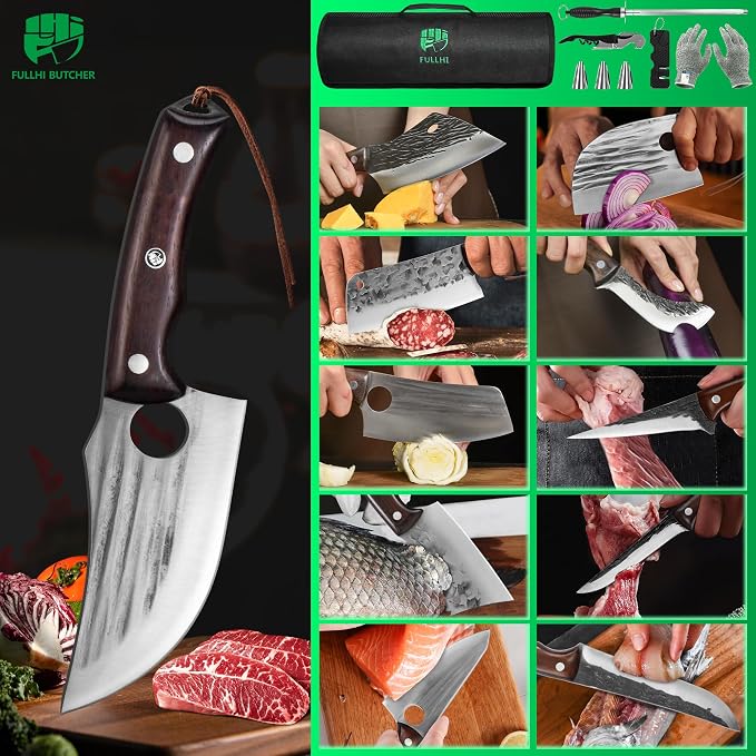 FULLHI 17pcs Butcher Chef Knife Set with Sheath High Carbon Steel Cleaver Kitchen Knife Whole Tang Vegetable Cleaver for Home BBQ Camping with Knife Bag