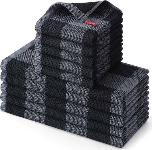 Homaxy Kitchen Towels and Dishcloths Set, 12 x 12 and 13 x 28 Inches, Set of 10 100% Cotton Waffle Weave Check Plaid Kitchen Dish Towels, Super Soft and Absorbent Dish Cloths, Black & Grey