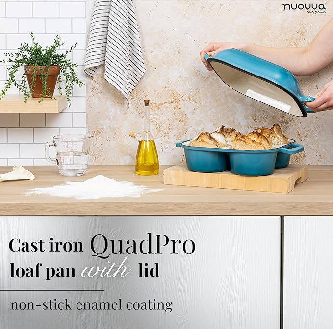 QuadPro Enamelled Cast Iron Bread Loaf Pot – Dutch Oven for Sourdough Bread Baking – 500°F Oven Safe Non Stick Bread Pot – 4 Round Loaf Spaces (4.90-inch Diameter), Light Blue – by Nuovva