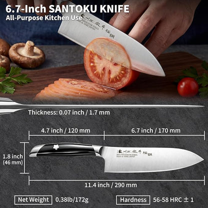 6.7 Inch Santoku Knife, Made in Japan, Ultra Sharp AUS-8 High Carbon Stainless Steel Japanese Chef Knife with Ergonomic Sakura Handle, Kitchen Knife Gifts for Women Men