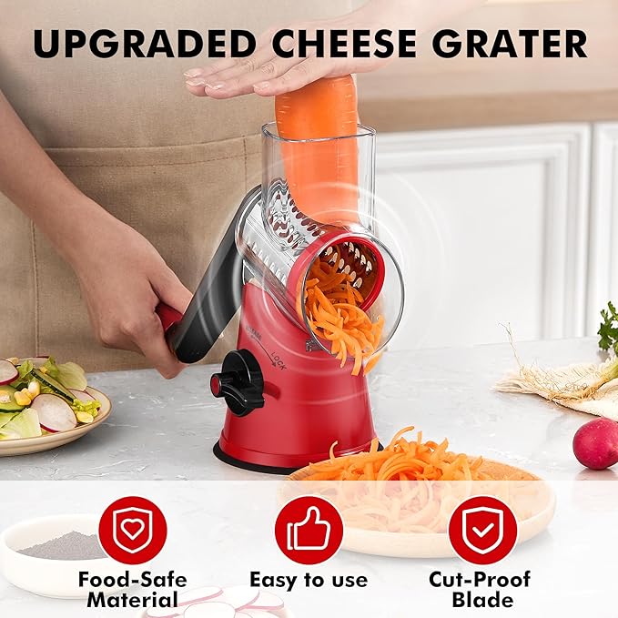 GDL Cheese Grater Hand Crank - Upgraded 6-in-1 Cheese Grater with Handle and Strong Suction Base, Multi-purpose Cheese Shredder Vegetable Slicer Ice Shaver for Potato, Vegetables, Nuts, Chocolate