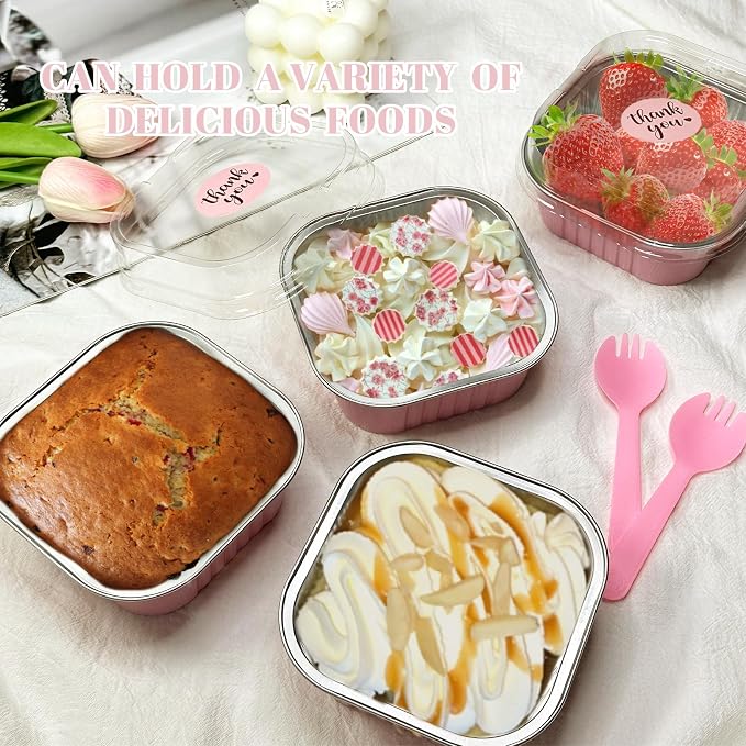 20 Pack 10oz Pink Mini Cake Pans With Lids, Aluminum Foil Square Brownie Baking Cups,Disposable 4”x4” Large Cupcake Pan,Jumbo Muffin Tin Ramekins Holders