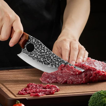 Viking Chef Knife with Premium Leather Sheath - Japanese Kitchen Knife for Meat Cutting, BBQ, Camping, Cooking, Ergonomic Handle Gift for Men
