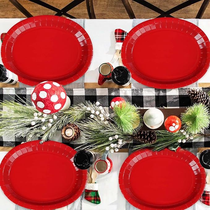 100Pcs Red Oval Paper Plates 10"x12" Large Heavy Duty Red Party Plates Disposable Patriotic Platters for 4th of July Independence Day World Cup Holiday BBQ Picnic Wedding Birthday Party Decor Supplies