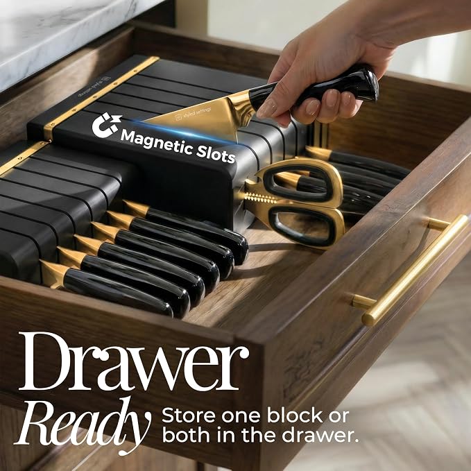 Black and Gold Knife Set - Knife Set with Magnetic Block, Knife Set with Block and Sharpener, Space Saving Convertible In Drawer Knife Block, German Stainless Steel Kitchen Knives