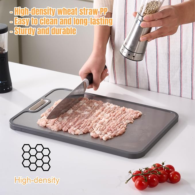Dual-Sided Titanium Cutting Board with Wheat Straw PP Side for Kitchen, Medium Compact Non-Slip Chopping Board 15.2 x 10.5 inch