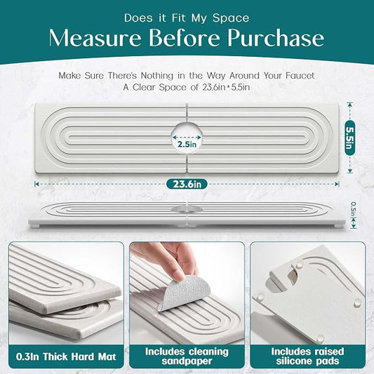 Large Faucet Mat for Kitchen Sink - Stone Drying Mat for Kitchen Counter, Diatomite Fast Drying Stone Sink Tray, Super Absorbent, Stylish Decor and Protector for Bathroom (Light Grey, 23.6" x 5.5")