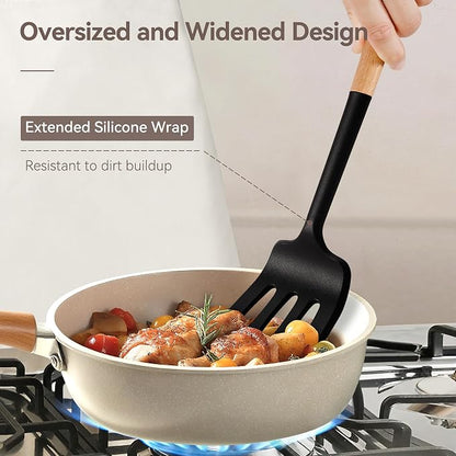 NCUE Kitchen Utensils Set, Large Non-stick Silicone Cooking Utensils Set 6 Pcs, Wooden Handle Heat Resistance Silicone Spatula Soup Ladle Pasta Server Kitchen Gadgets Utensils Set BPA Free (Black)