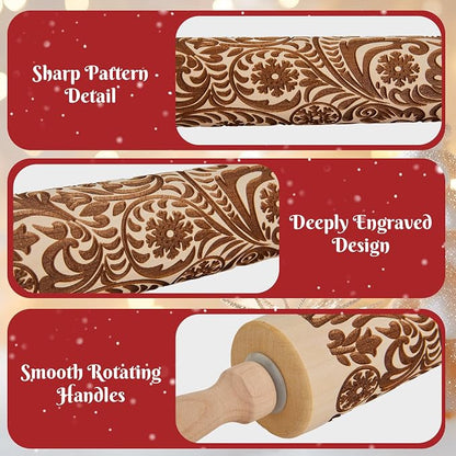 Gobam Embossed Rolling Pin for Cookies, Engraved Wooden Rolling Pin for Baking, Deep Pattern Cookie Roller for Christmas, Holiday, DIY Kitchen Decor and Gift - Snowflake