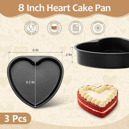 E-far 8 Inch Heart Cake Pan, 3Pcs Nonstick Heart Shaped Cake Mold, Cake Tin Baking Pan for Valentine’s Day Anniversaries Wedding Birthday, Easy Release & Clean