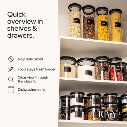 KIVY Airtight Glass Jars with Lids & Labels [3x 40oz] Stackable Glass storage jars with airtight lids - Glass Jars with airtight lid - Food Glass canisters with air tight lids - Pantry containers