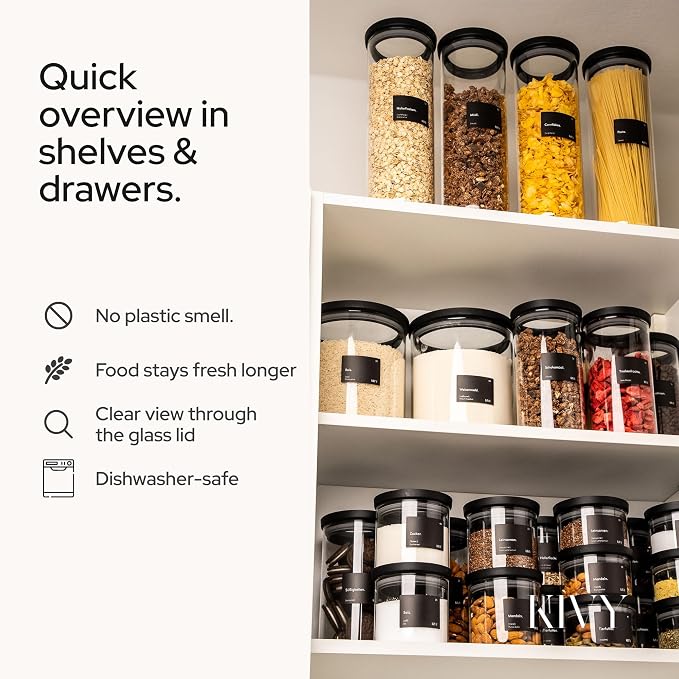 KIVY Airtight Glass Jars with Lids & Labels [4x 17oz] Stackable Glass storage jars with airtight lids - Black Glass Jars with airtight lid - Food Glass canisters with transparent lids