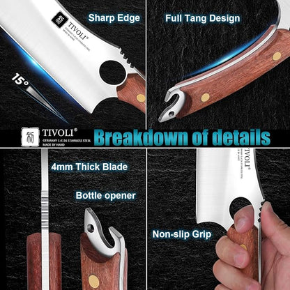 TIVOLI Meat Cleaver Knife Japanese Kitchen Vegetable Knife Sharp Meat Chopper Forged In Fire Full Tang Cleaver Knives with Sheath Bottle Opener for Outdoor Camping Men Women