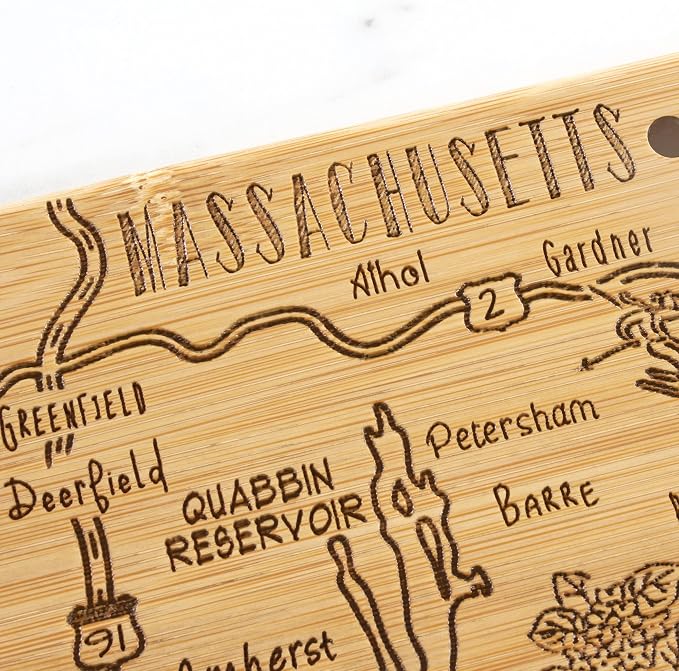 Totally Bamboo Destination Massachusetts State Shaped Serving and Cutting Board, Includes Hang Tie for Wall Display