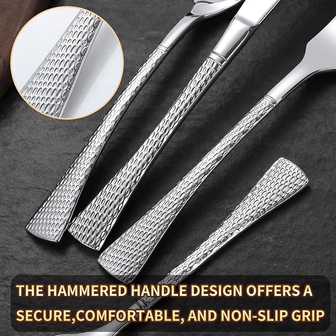 Lemeya Hammered Silverware Set,20 Piece Modern Flatware Set Service for 4,Mirror Polished Stainless Steel Cutlery Set Utensil Set Tableware Set,Kitchen Knives Forks Spoons Set,Dishwasher Safe