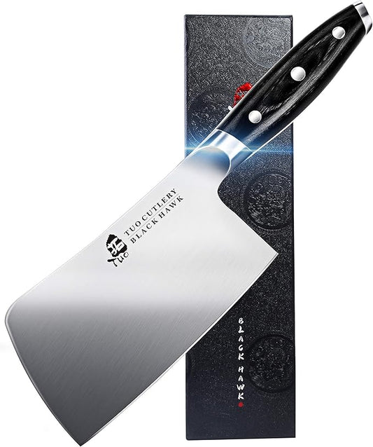 TUO Meat Cleaver, 6 Inch Heavy Duty Chopper Knife for Butcher & Kitchen, High Carbon German Steel, Full Tang Handle, Gift Box - Black Hawk Series