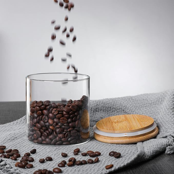 MOLFUJ 550 ML / 18 FL Oz Glass Storage Container with Wood Lid, Stackable Clear Decorative Organizer Bottle Canister Pantry Jar with Air Tight Wooden Lid for Food, Coffee, Candy, Sugar, Salt, Tea