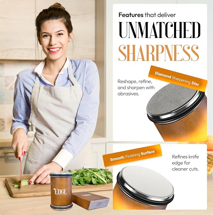 Rolling Knife Sharpener Kit, Magnetic 15° & 20° Angle Guides, Diamond & Ceramic Discs, Manual Rolling Knife Sharpener Tool for Razor-Sharp Kitchen gadgets, Chef & Outdoor Knives (Brown Gold)
