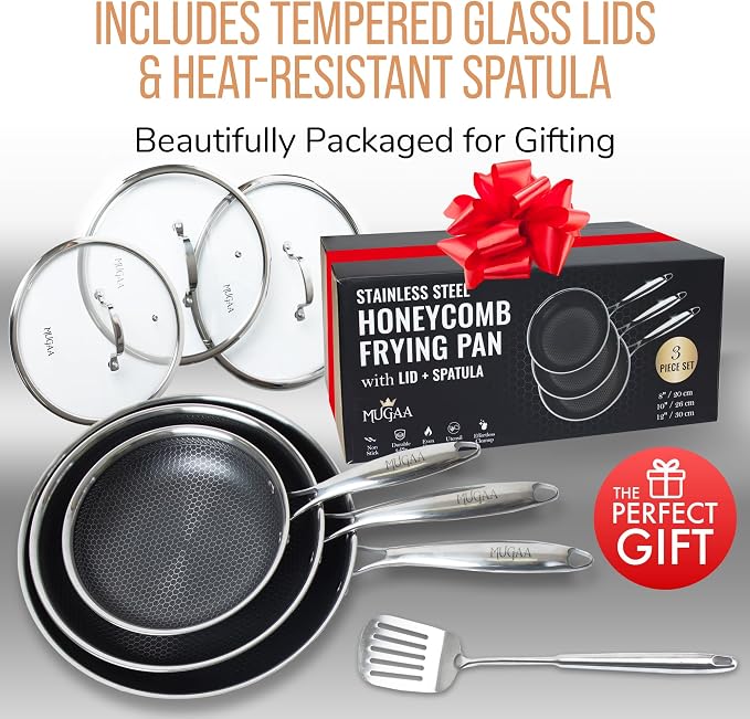 Honeycomb Stainless Steel Nonstick Frying Pan Set - with Lids and Spatula - 8 10 12 Inch Hybrid Pan - Induction Compatible - PFOA-Free - Oven Safe - Dishwasher Safe Skillet
