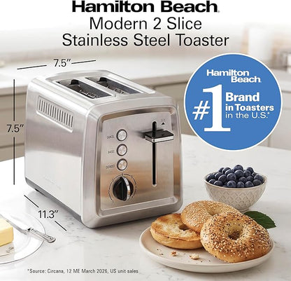 Hamilton Beach 2 Slice Toaster with Extra-Wide Slots, Bagel Setting, Toast Boost, Slide-Out Crumb Tray, Auto-Shutoff & Cancel Button, Defrost Function, Stainless Steel (22794)