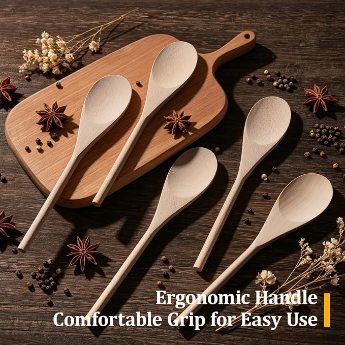 12 Pcs Wooden Spoons for Cooking, MORGLES 10-Inch Serving Spoons for Stirring Mixing Serving Long Handle Plastic Free Reusable Non Scratch Dishwasher Safe