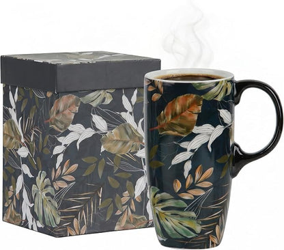Topadorn 17oz Ceramic Travel Mug with Lid and Handle, Leaf Art Coffee Cup, Nature Inspired Porcelain Mug, Microwave & Dishwasher Safe, Gift Box Included