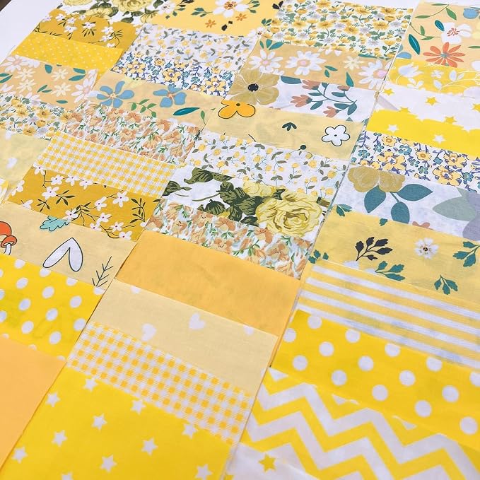 7PCS 25x 25 cm Quilting Fat Quarters Fabric Bundles, for Sewing Crafting,Print Floral Striped Polka Dot 100% Cotton Gingham Fabric (42pcs Yellow, 9.8" x 9.8"(25 * 25CM))